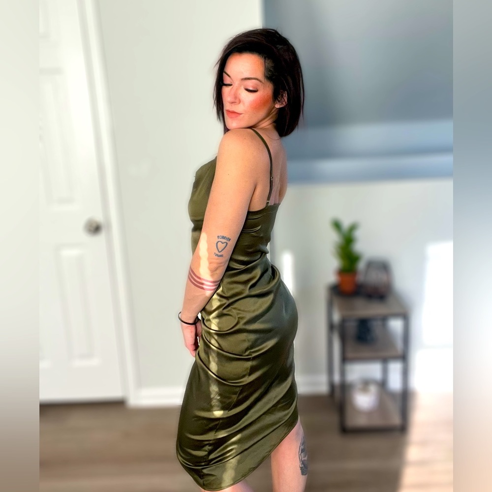 Olive green scrunched side slit silky cocktail dress